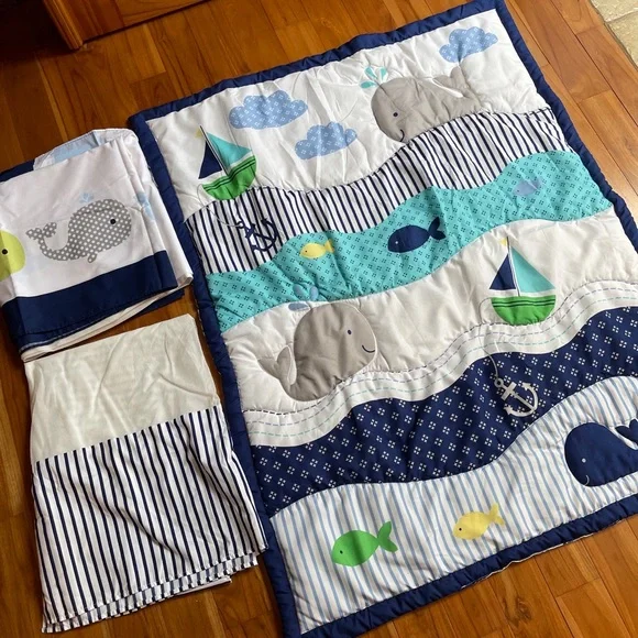 Nursery crib set Nautical Baby Quilt & 2 Crib Skirts BOAT ANCHOR WHALE S…